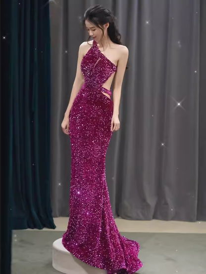 Meerjungfrau One Shoulder Pailletten-Partykleid Langes Ballkleid P880