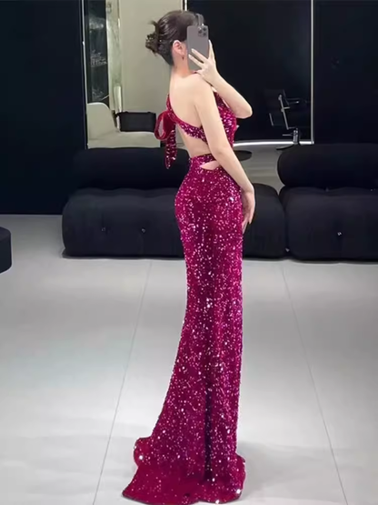 Meerjungfrau One Shoulder Pailletten-Partykleid Langes Ballkleid P880