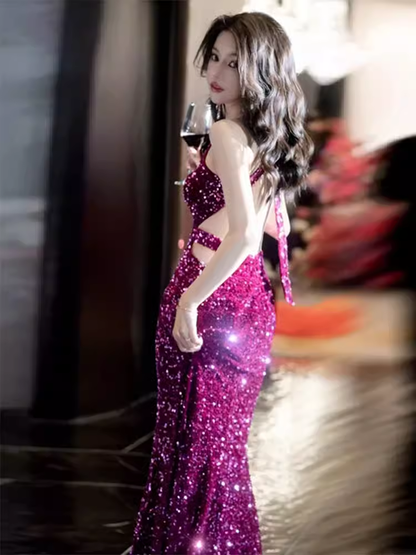 Meerjungfrau One Shoulder Pailletten-Partykleid Langes Ballkleid P880