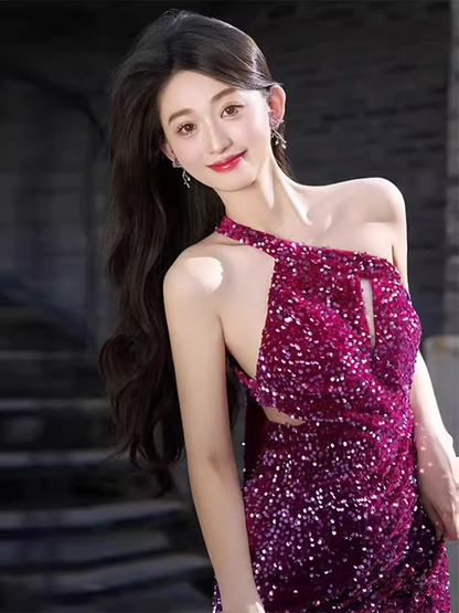 Meerjungfrau One Shoulder Pailletten-Partykleid Langes Ballkleid P880