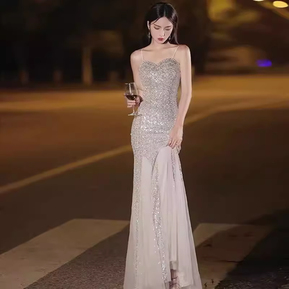 Meerjungfrauen-Träger-Pailletten-Partykleid Langes Ballkleid P881