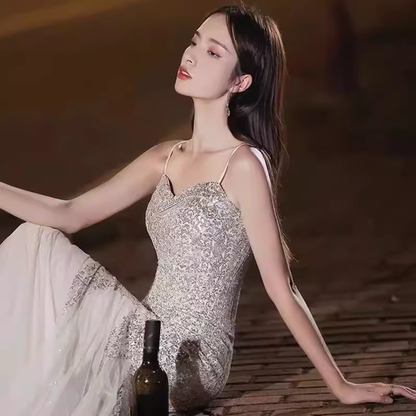 Meerjungfrauen-Träger-Pailletten-Partykleid Langes Ballkleid P881