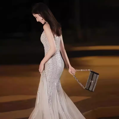 Meerjungfrauen-Träger-Pailletten-Partykleid Langes Ballkleid P881