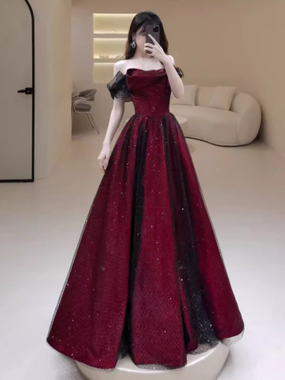 Robe de soirée bustier noire trapèze longue de bal bordeaux P883