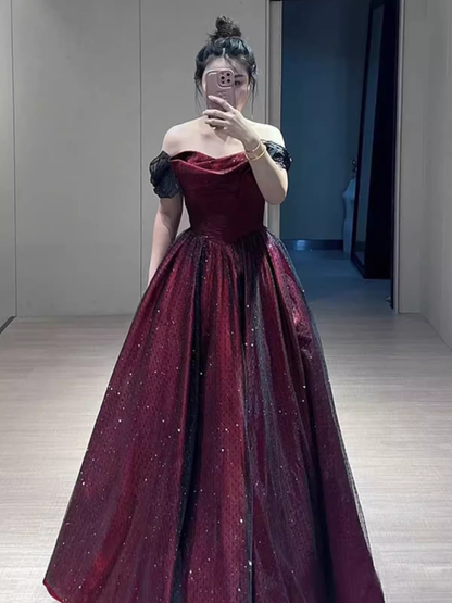 Robe de soirée bustier noire trapèze longue de bal bordeaux P883
