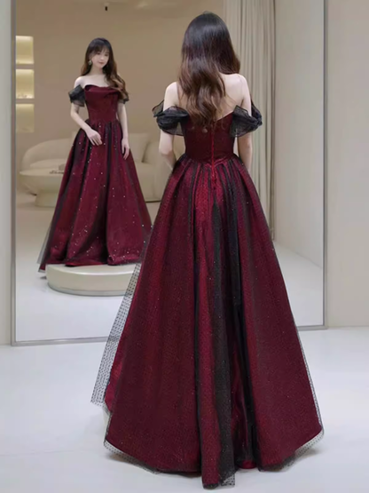 Robe de soirée bustier noire trapèze longue de bal bordeaux P883