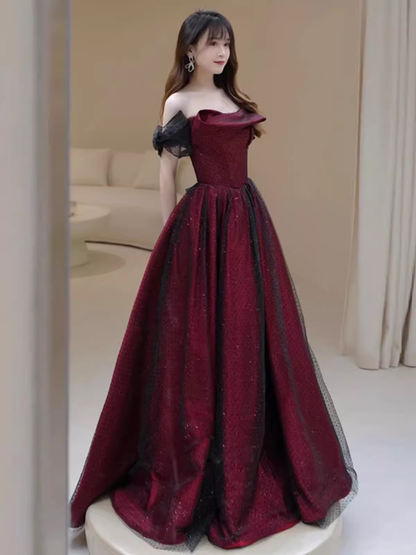 Robe de soirée bustier noire trapèze longue de bal bordeaux P883