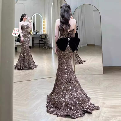 Vintage Mermaid Strapless Party Dresses Long Sequin Prom Dresses P944
