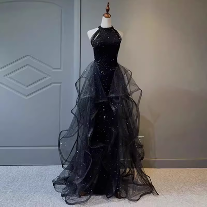 Robes de soirée vintage ligne A à col dos nu, robes de bal à sequins noires P946