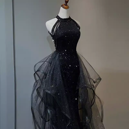 Robes de soirée vintage ligne A à col dos nu, robes de bal à sequins noires P946