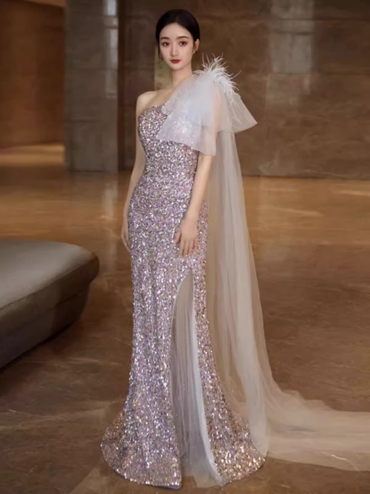 Princess Mermaid One Shoulder Party Dresses Sequin Lilac Prom Dresses P948