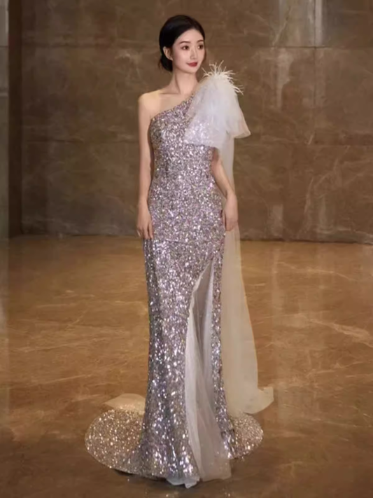 Princess Mermaid One Shoulder Party Dresses Sequin Lilac Prom Dresses P948