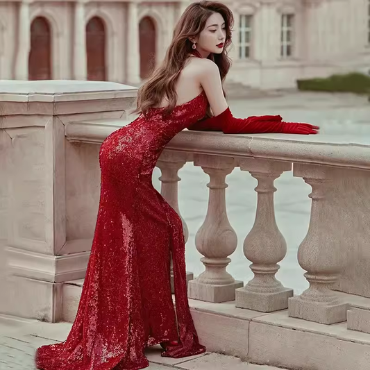 Sexy Mermaid Party Dresses Sequin Halter Red Prom Dresses P949