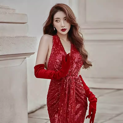 Sexy Meerjungfrau Partykleider Pailletten Neckholder Rote Ballkleider P949