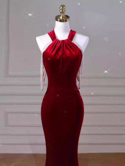 Sexy Meerjungfrau Samt Partykleider Rote Ballkleider P954