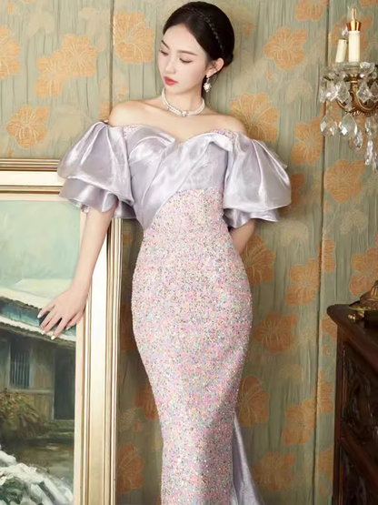 Sexy Meerjungfrau schulterfreies Pailletten-Ballkleid in Lila, lang, P1004