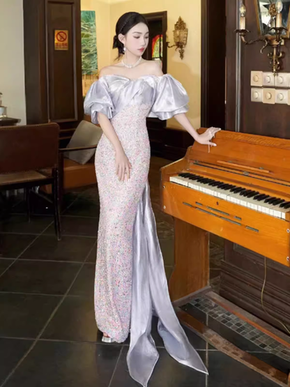 Sexy Meerjungfrau schulterfreies Pailletten-Ballkleid in Lila, lang, P1004