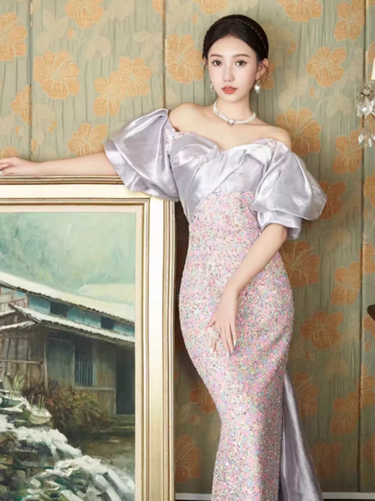 Sexy Mermaid Off The Shoulder Sequin Lilac Long Prom Dresses P1004