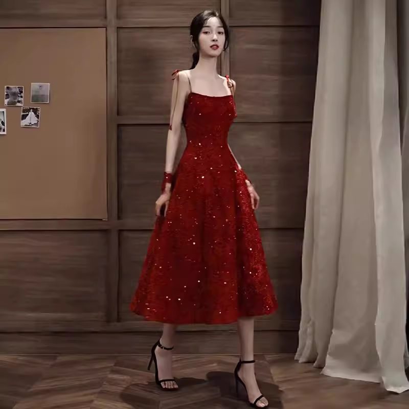 Elegant Spaghetti Straps Vintage Lace Red Dress Women Birthday Outfits P1005
