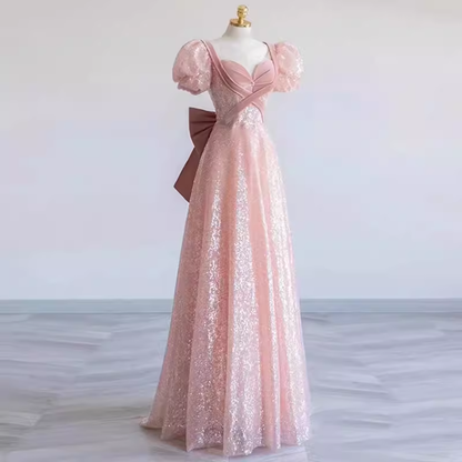 Prinzessin A-Linie Rosa Kurzarm Pailletten Langes Ballkleid P1007