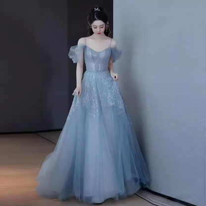 Prinzessin A-Linie Blau Pailletten Langes Ballkleid P1009