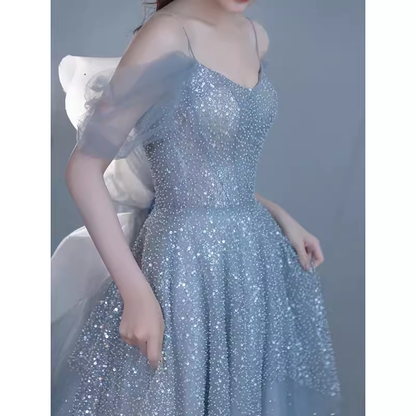 Prinzessin A-Linie Blau Pailletten Langes Ballkleid P1009