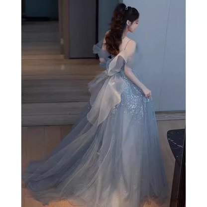 Prinzessin A-Linie Blau Pailletten Langes Ballkleid P1009