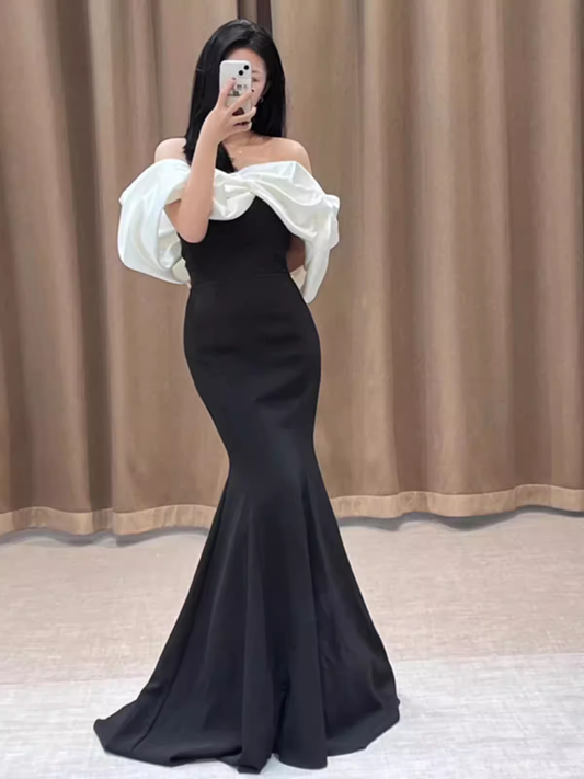 Mermaid Off The Shoulder Black Satin Long Prom Dresses P1011