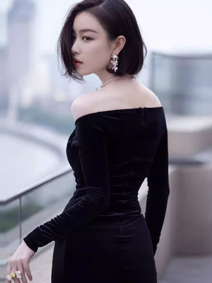Sexy Meerjungfrau Schwarz Langarm Samt Abschlussballkleider P1015