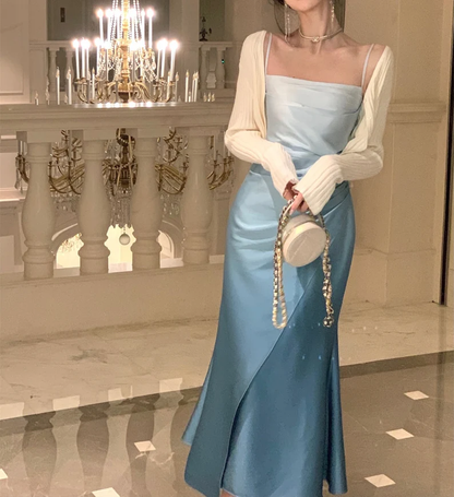 Elegantes, figurbetontes Etuikleid mit Trägern, blau, Ballkleid, Abendkleid P1109