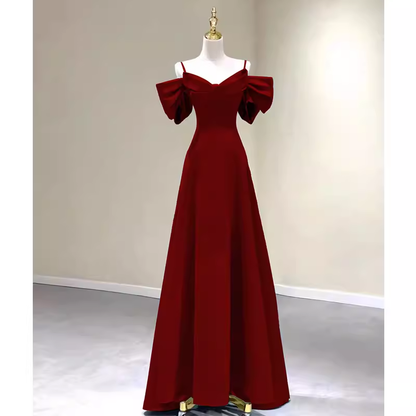 Einfaches A-Linien Träger Rotes Satin Langes Ballkleid P1017