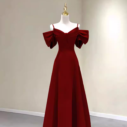 Einfaches A-Linien Träger Rotes Satin Langes Ballkleid P1017