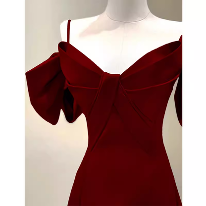 Einfaches A-Linien Träger Rotes Satin Langes Ballkleid P1017