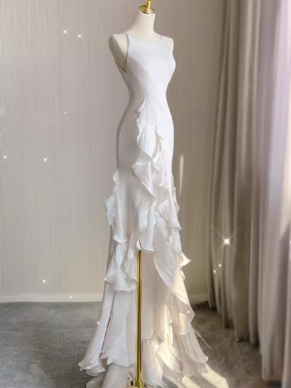 White Chiffon High Low Short Sleeves Party Dress, White Chiffon Wedding Party Dress