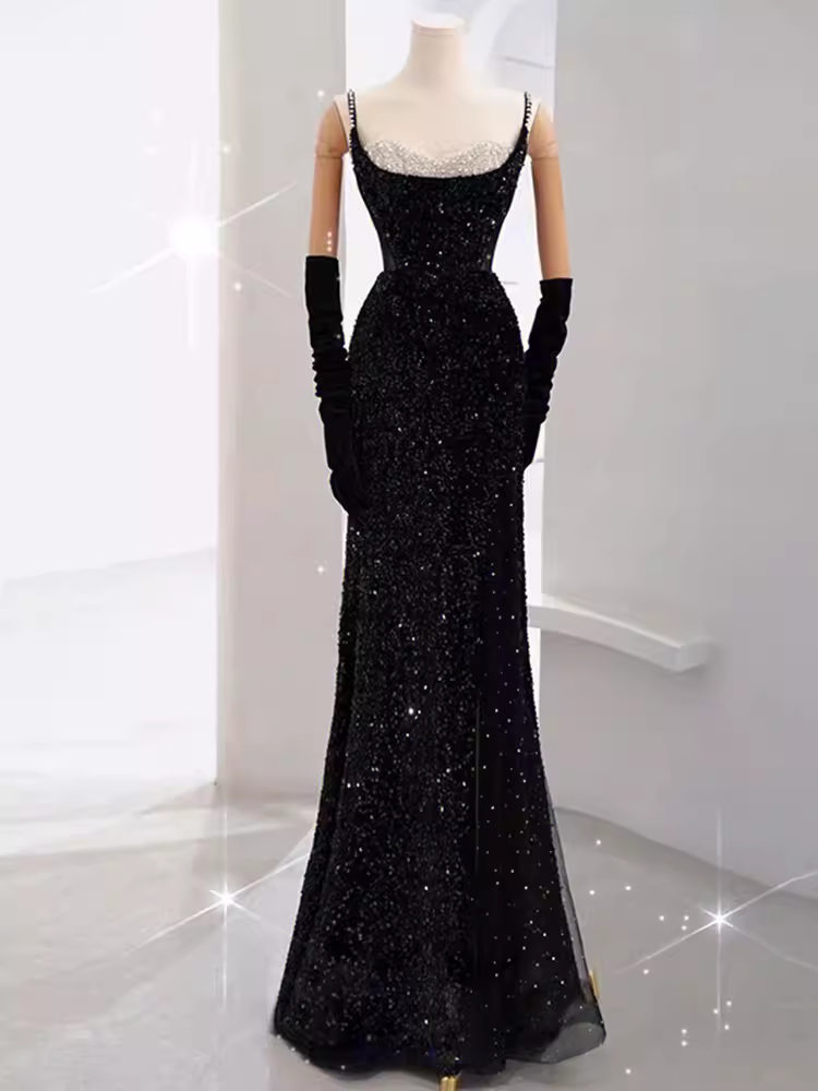 Mermaid Long Prom Dress New Sequin Sexy Black Slit Evening Dress P917