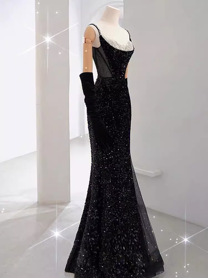 Meerjungfrauen-Träger Pailletten Schwarz Rückenfrei Langes Ballkleid P1019