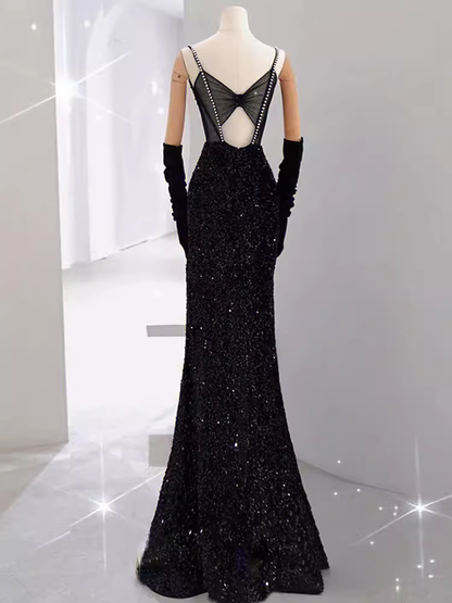 Meerjungfrau Langes Ballkleid Neu Pailletten Sexy Schwarz Schlitz Abendkleid P918