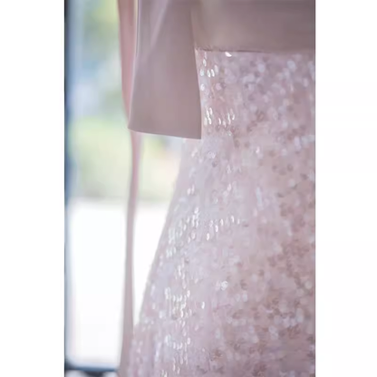 Robes de bal longues en satin rose avec bretelles fines, ligne A P1020