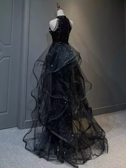 Robes de soirée vintage ligne A à col dos nu, robes de bal à sequins noires P946