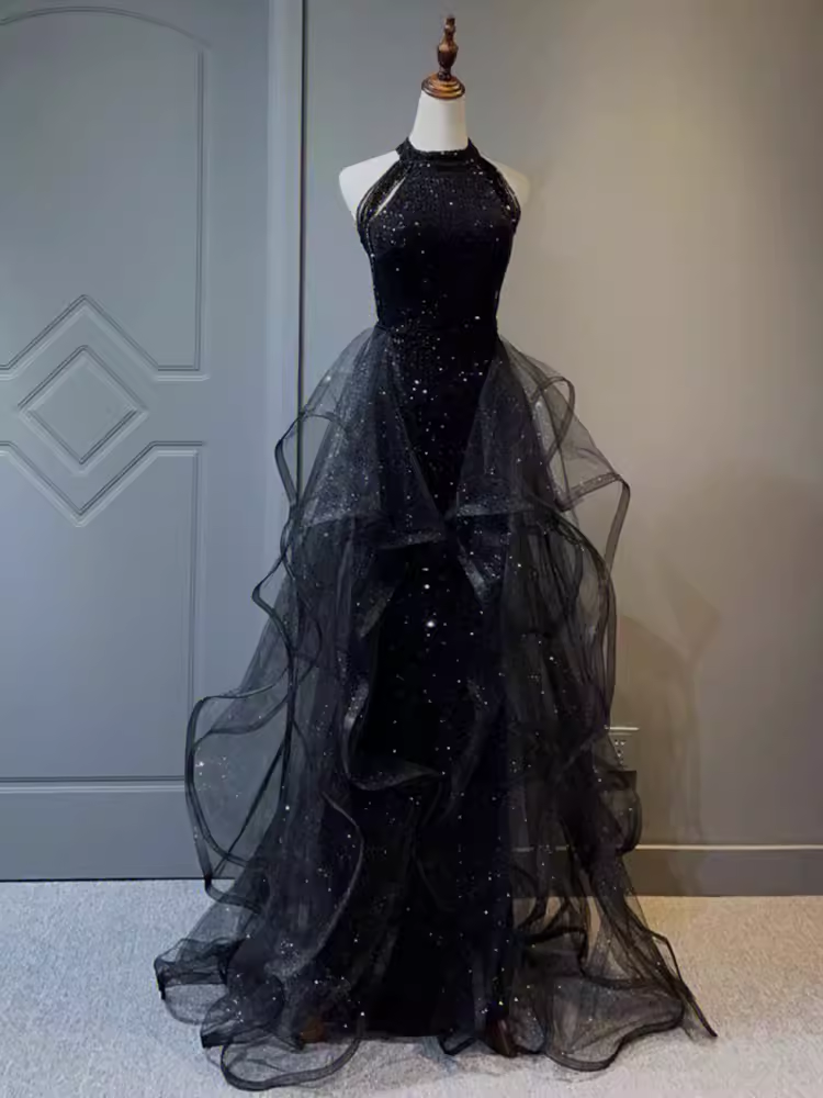 Vintage A line Halter Black Party Dresses Sequin Prom Dresses P946