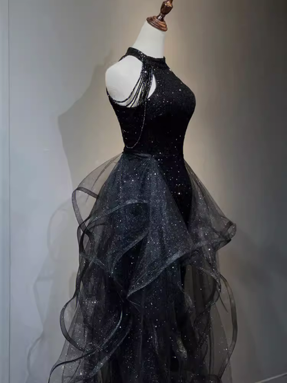 Robes de soirée vintage ligne A à col dos nu, robes de bal à sequins noires P946
