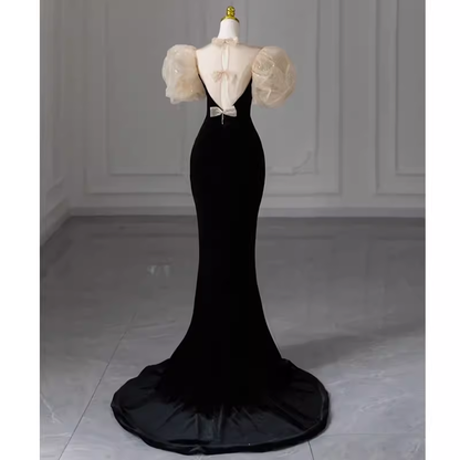 Sexy Meerjungfrau Samt Partykleider Schwarze Abschlussballkleider P1056