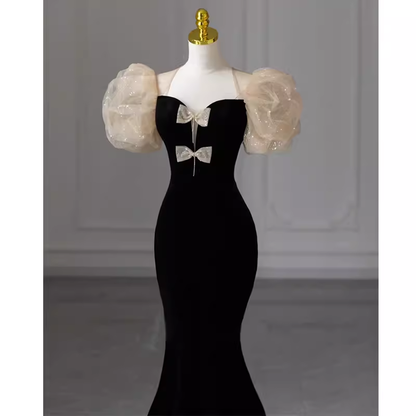 Sexy Meerjungfrau Samt Partykleider Schwarze Abschlussballkleider P1056