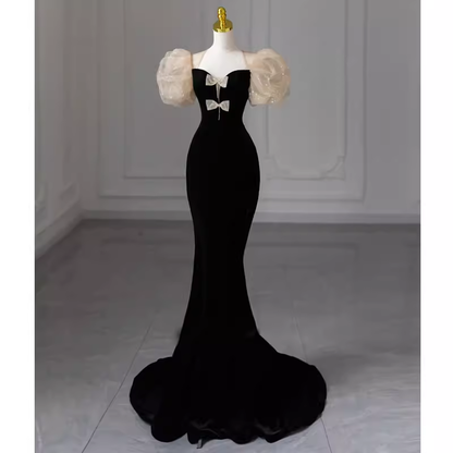 Sexy Meerjungfrau Samt Partykleider Schwarze Abschlussballkleider P1056