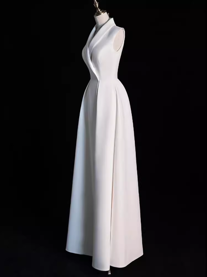 Sexy A line Satin Party Dresses Long White Prom Dresses P1058