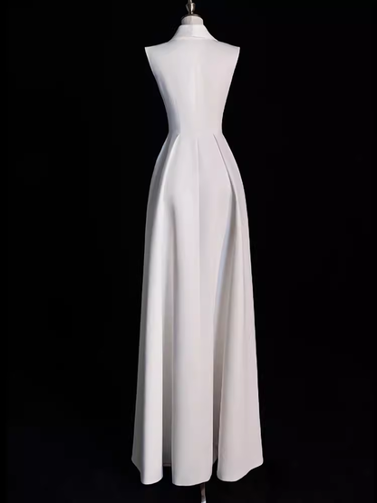Sexy A line Satin Party Dresses Long White Prom Dresses P1058