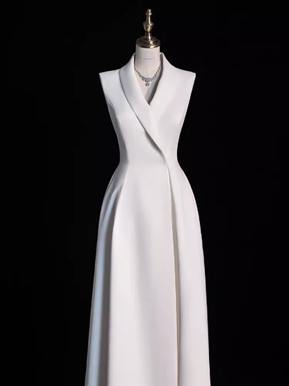 Sexy A line Satin Party Dresses Long White Prom Dresses P1058