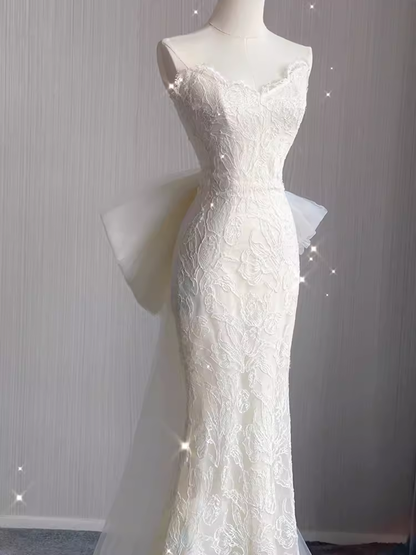 Belles robes de mariée longues sirène en dentelle blanche P1059
