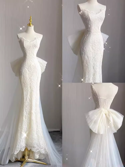 Belles robes de mariée longues sirène en dentelle blanche P1059