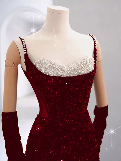 Meerjungfrau-Träger Pailletten Rot Rückenfrei Langes Abschlussballkleid P1060